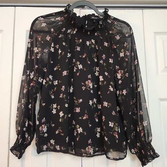 Madewell Black Floral Lightweight Lined Long Sleeve Blouse Button Detail Size XS - Picture 1 of 4